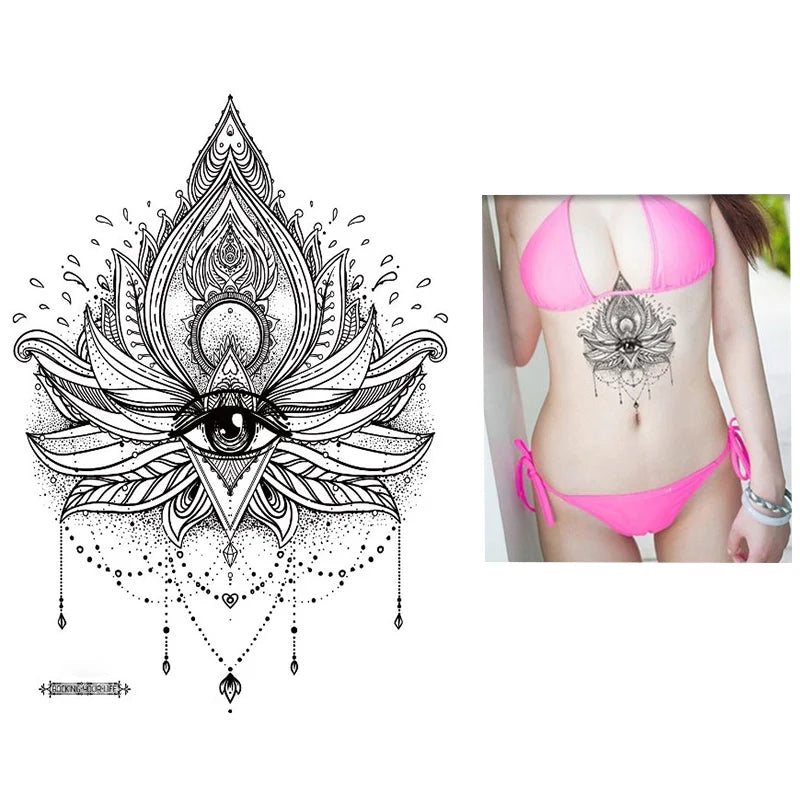 1 PIECE Under Boob Sternum Temporary Tattoo with Unalone, Spiritual Symbols,Loutus Pattern Body Art Sexy Waist Tattoo For Girl