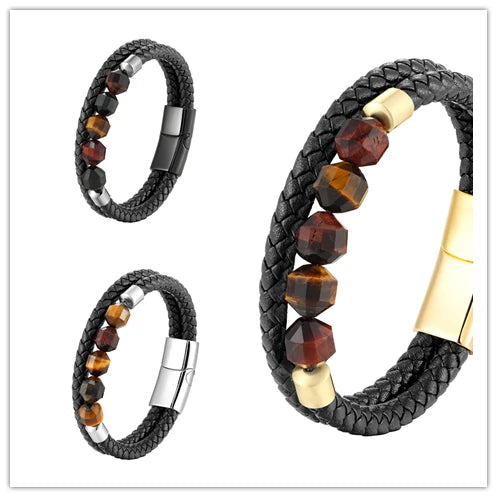 New 10mm Cut Corner Natural Tiger's Eye Energy Bracelet Sweet And Romantic Couple Double-Layer Leather Rope 316 Stainless S