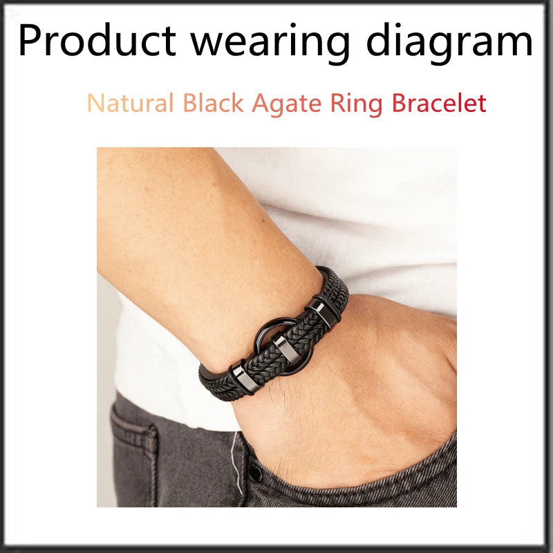 New Circle Natural Black Agate Charm Jewelry Men's Bracelet 3 Wavy Design Leather Rope 316L Stainless Steel Bracelet Gift