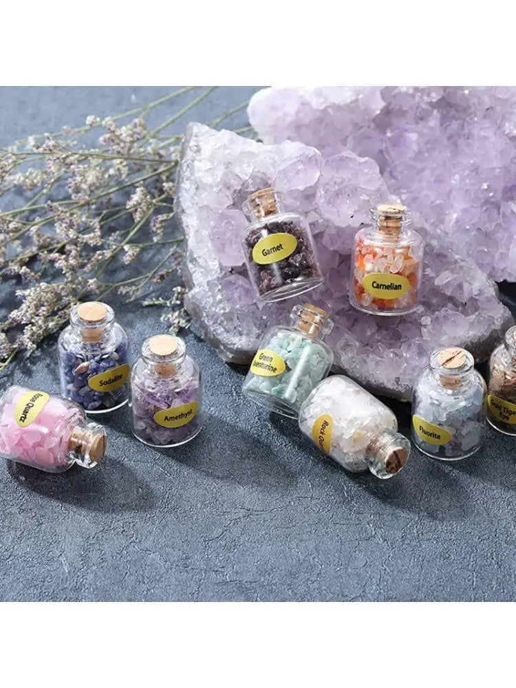 9 Bottles Mini Gemstone Bottles Chip Crystal Healing Tumbled Gem Reiki Wicca Stones Set Semiprecious Gem Stones Decor