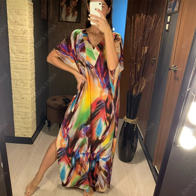 2023 Bohemian Printed V-neck Batwing Sleeve Long Loose Summer Dress For Women Clothes  Streetwear Moroccan Caftan Q831