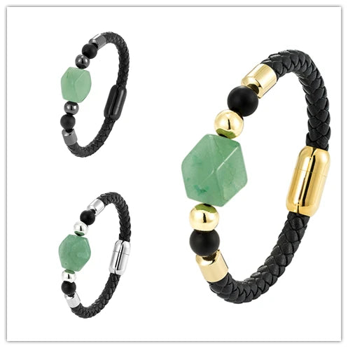 Geometric Dongling Jade Natural Stone Energy Bracelet OL Style New Design 316L Stainless Steel Leather Rope Bracelet for Women