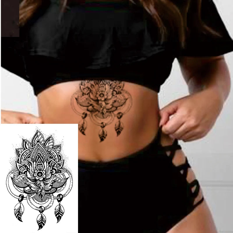 1 PIECE Under Boob Sternum Temporary Tattoo with Unalone, Spiritual Symbols,Loutus Pattern Body Art Sexy Waist Tattoo For Girl