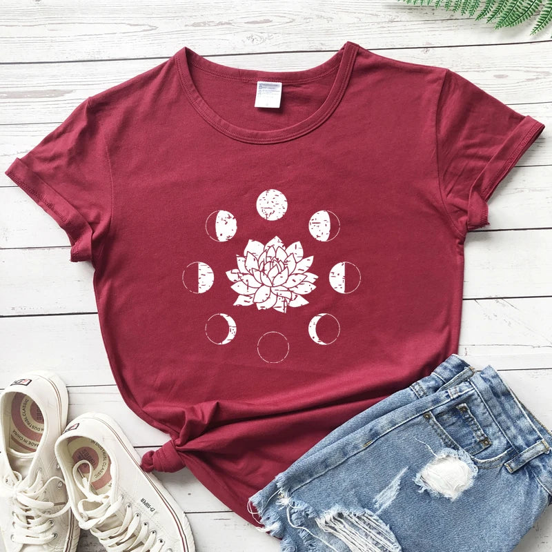 Mystical Moon Phases Lotus Flower T-shirt Aesthetic Women Spiritual Yoga Tshirt Funny Astrology Hippie Graphic Tees Tops