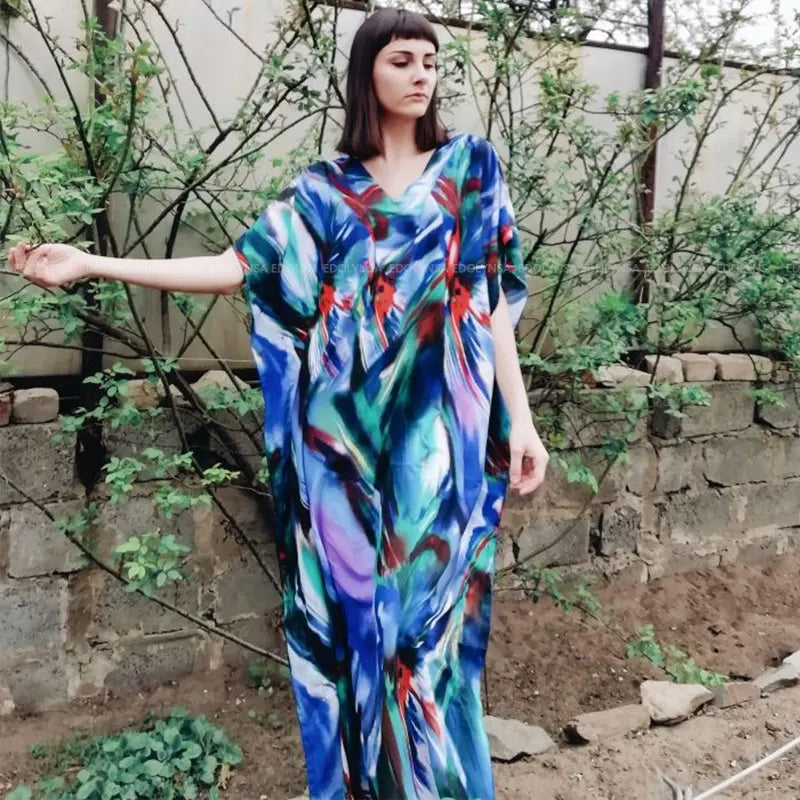 2023 Bohemian Printed V-neck Batwing Sleeve Long Loose Summer Dress For Women Clothes  Streetwear Moroccan Caftan Q831