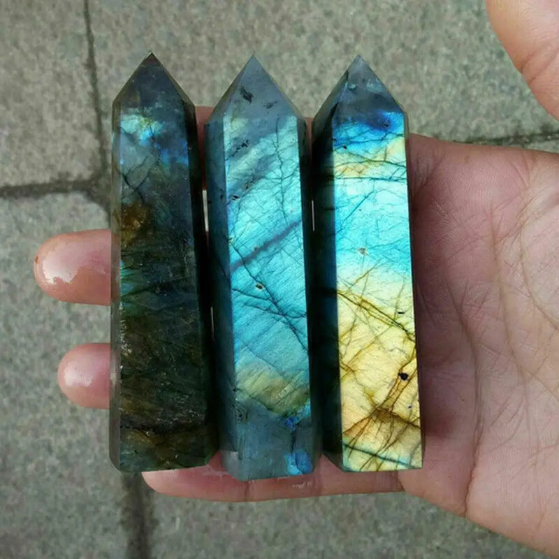 the OBELISK - Natural Labradorite Quartz Hexagonal Prisms Obelisk Crystal Column Wand Point Healing Treatment Stone Gifts