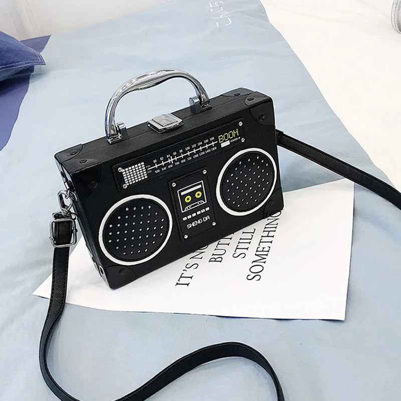 the BOOMBOX BAG - Unique Retro Radio Box Bag, Ladies Leather Handbag Shoulder Bag. Metal Handle Purse, Women's Crossbody Messenger