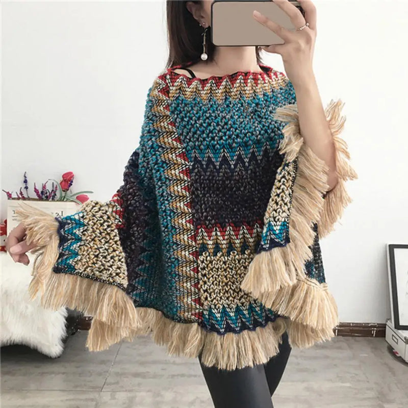 Women Cape Coat Temperament Bohemian Thick for Daily Wear Poncho Coat Autumn Knitted Coat