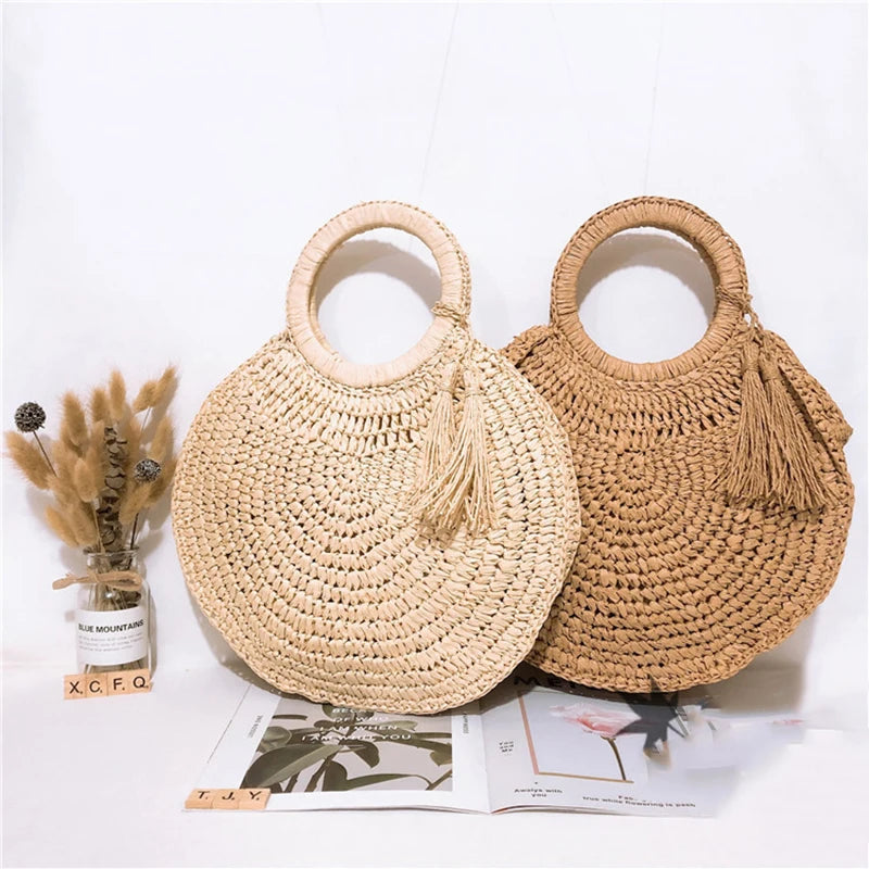 the WOVEN BAG - Straw Bag Rattan Woven Round Tassel Handbag for Women, Large Capacity Shoulder Tote Purse, Ladies Holiday Wood Handle Shopping Bag