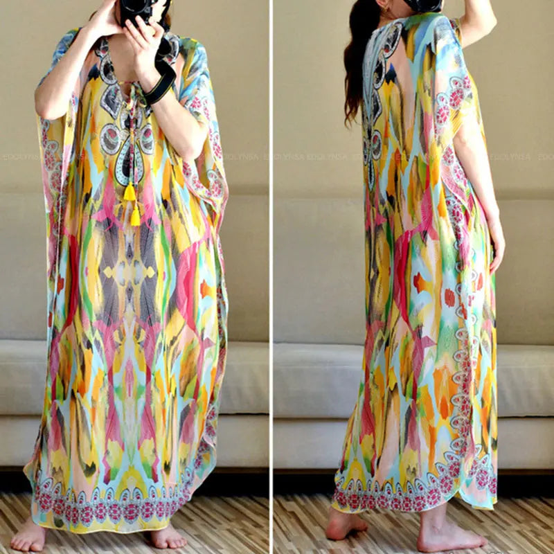 2023 Bohemian Printed V-neck Batwing Sleeve Long Loose Summer Dress For Women Clothes  Streetwear Moroccan Caftan Q831