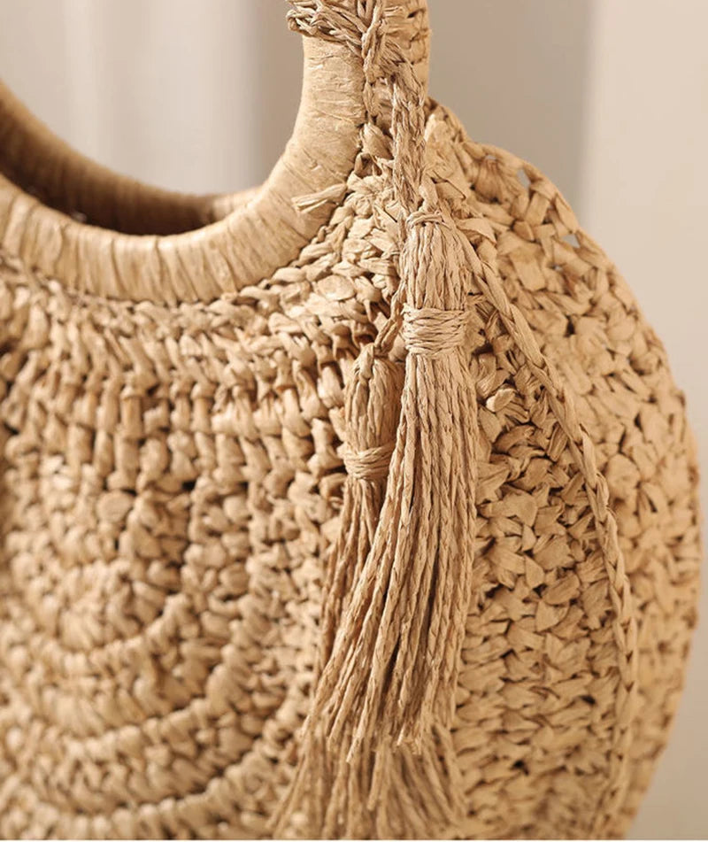 the WOVEN BAG - Straw Bag Rattan Woven Round Tassel Handbag for Women, Large Capacity Shoulder Tote Purse, Ladies Holiday Wood Handle Shopping Bag