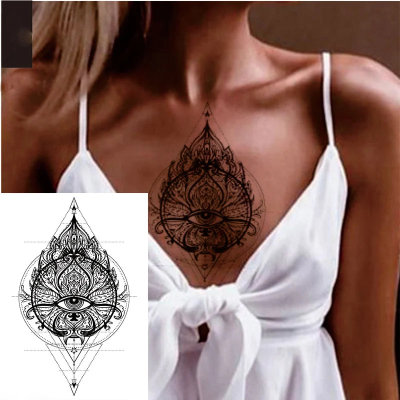 1 PIECE Under Boob Sternum Temporary Tattoo with Unalone, Spiritual Symbols,Loutus Pattern Body Art Sexy Waist Tattoo For Girl