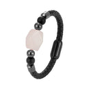 the HOLOGRAM - Geometric Natural Pink Crystal Energy Bracelet, Stainless Steel Leather Rope Bracelet