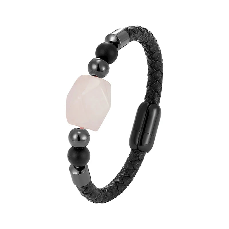 Geometric Natural Pink Crystal Energy Bracelet OL Style New Design 316L Stainless Steel Leather Rope Ladies Bracelet