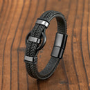 the BLACK AGATE - New Circle Natural Black Agate Charm Jewelry, Men's Bracelet, 3 Wavy Design Leather Rope Stainless Steel Bracelet Gift