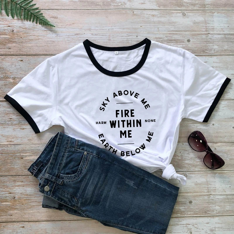 Sky Above Me Earth Below Me Fire Within Me Harm None T-shirt Women Goth Emo Spiritual Tees Tops Witch Craft Pagan Wiccan Tshirt