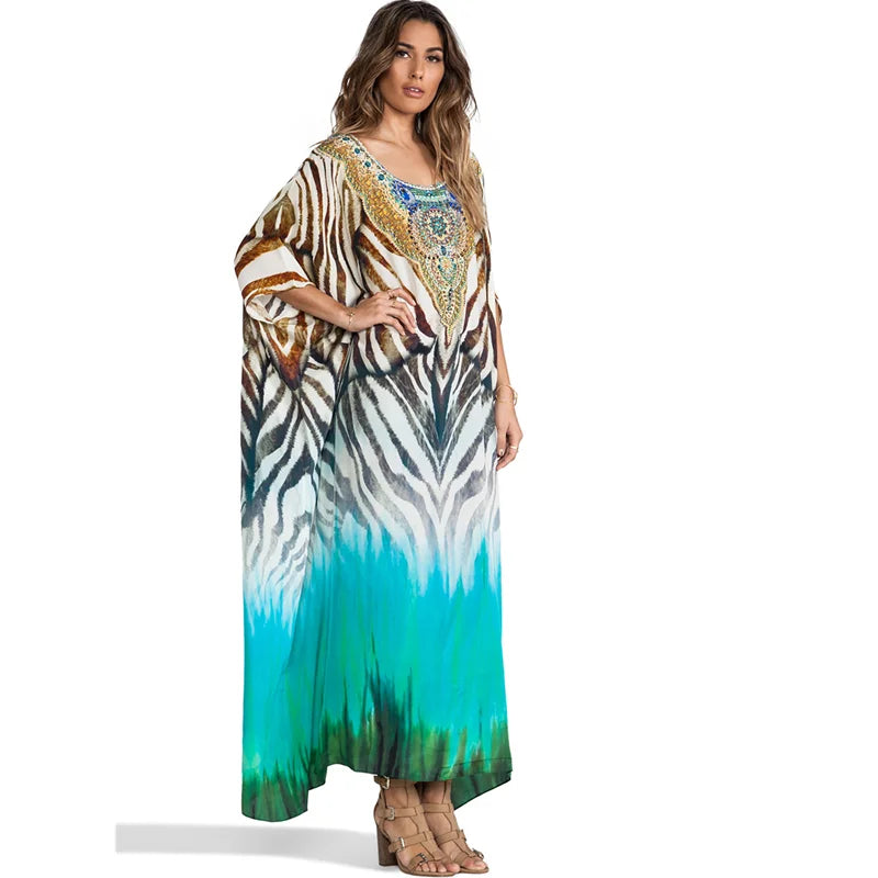 2023 Bohemian Printed V-neck Batwing Sleeve Long Loose Summer Dress For Women Clothes  Streetwear Moroccan Caftan Q831