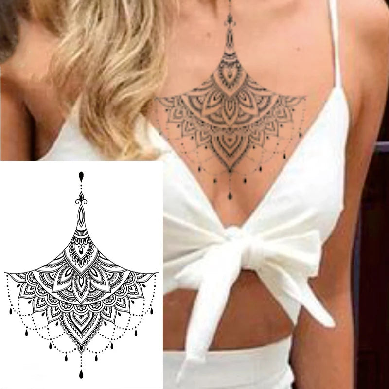 1 PIECE Under Boob Sternum Temporary Tattoo with Unalone, Spiritual Symbols,Loutus Pattern Body Art Sexy Waist Tattoo For Girl