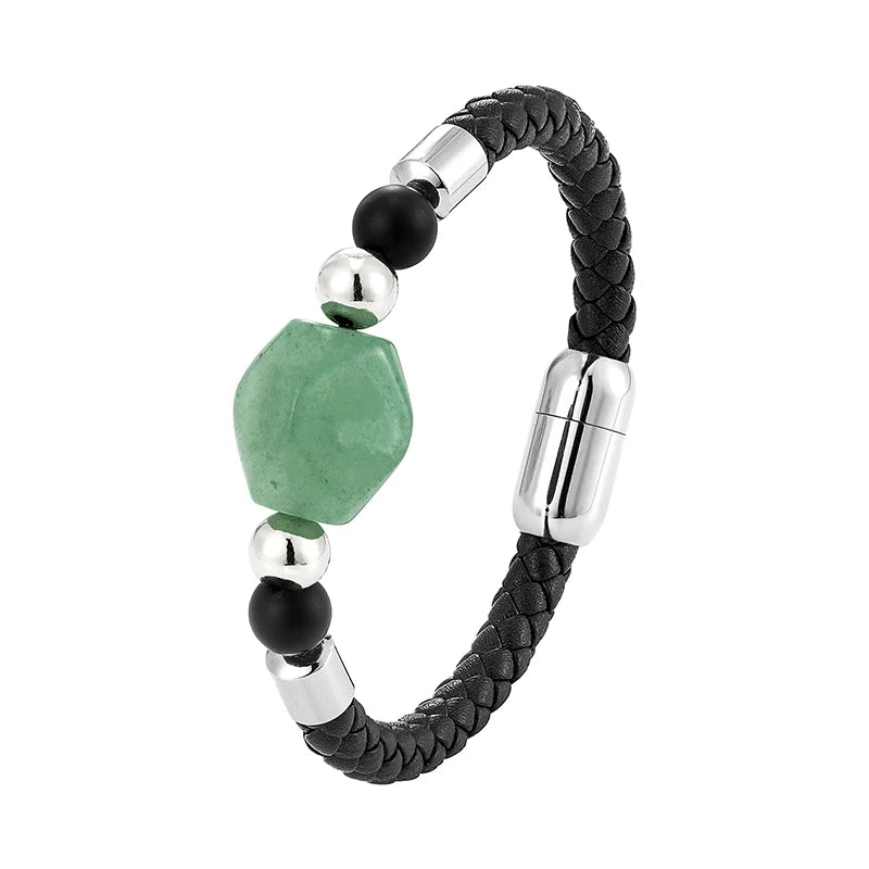 Geometric Dongling Jade Natural Stone Energy Bracelet OL Style New Design 316L Stainless Steel Leather Rope Bracelet for Women