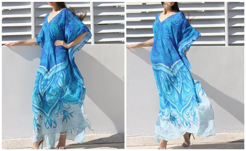 2023 Bohemian Printed V-neck Batwing Sleeve Long Loose Summer Dress For Women Clothes  Streetwear Moroccan Caftan Q831