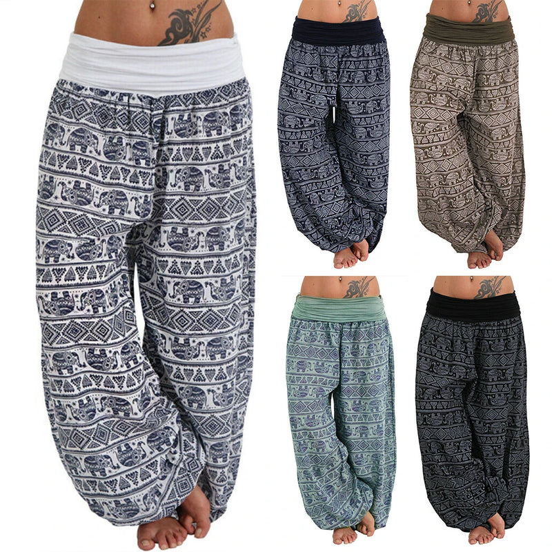 Women Boho Pants Elephant Print sport Low Waist Long Pants Loose Baggy Bloomer Trousers Long Pants Loose Baggy Bloomer Trousers