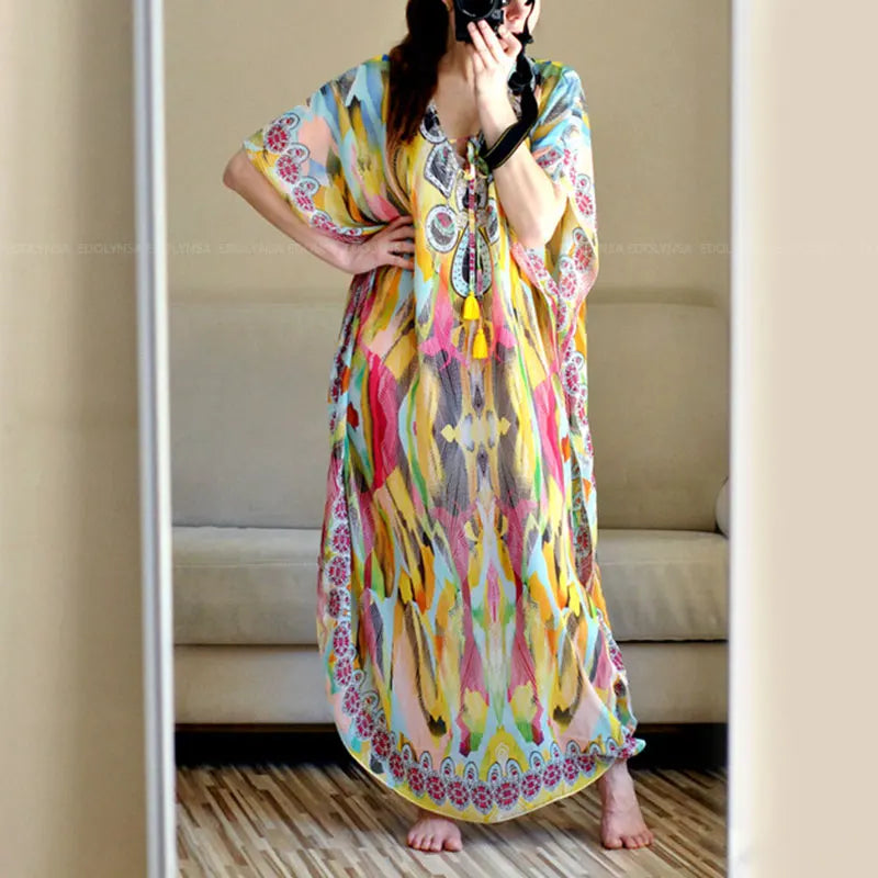 2023 Bohemian Printed V-neck Batwing Sleeve Long Loose Summer Dress For Women Clothes  Streetwear Moroccan Caftan Q831