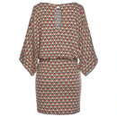 the OFFICE CHIC - Sexy Bodycon Wide Sleeve Vintage Print Casual O-Neck Keyhole Back Hollow Out Sashes Mini Dress