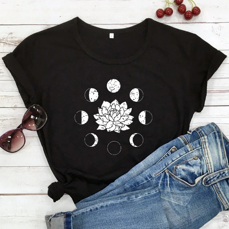 Mystical Moon Phases Lotus Flower T-shirt Aesthetic Women Spiritual Yoga Tshirt Funny Astrology Hippie Graphic Tees Tops