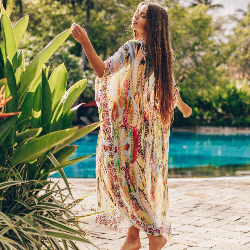 2023 Bohemian Printed V-neck Batwing Sleeve Long Loose Summer Dress For Women Clothes  Streetwear Moroccan Caftan Q831