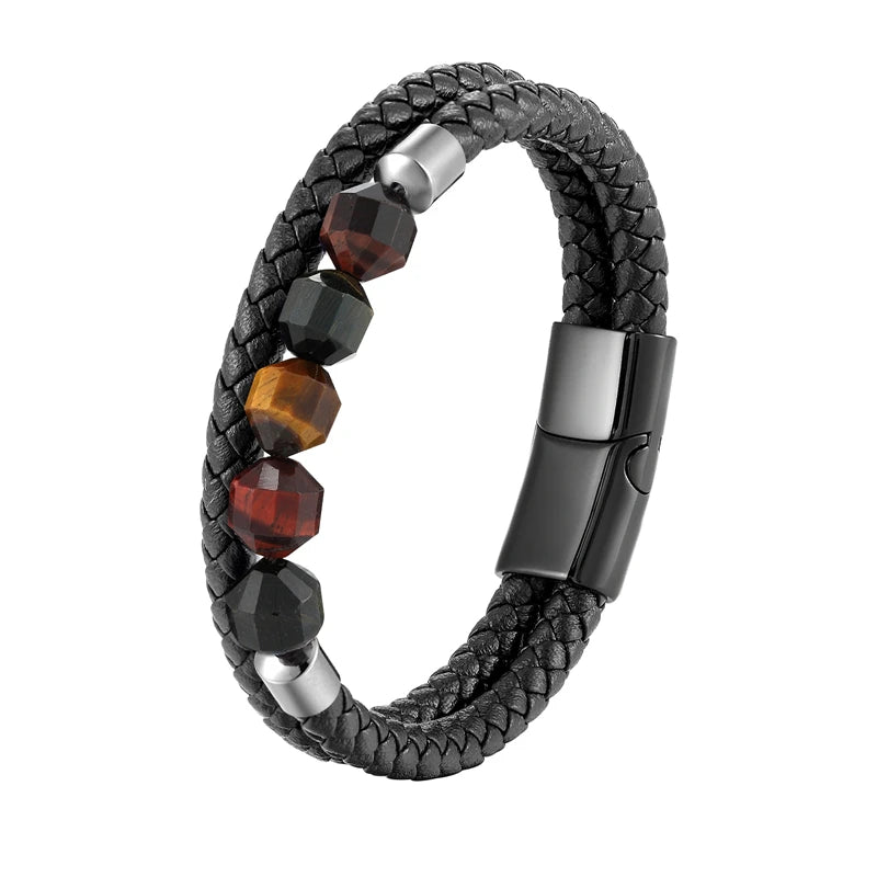 New 10mm Cut Corner Natural Tiger's Eye Energy Bracelet Sweet And Romantic Couple Double-Layer Leather Rope 316 Stainless S