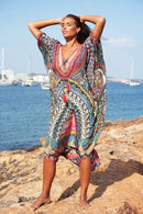 the BOHO KAFTAN - Bohemian Printed V-Neck Batwing Sleeve Long Loose Summer Moroccan Kaftan Dress for Women