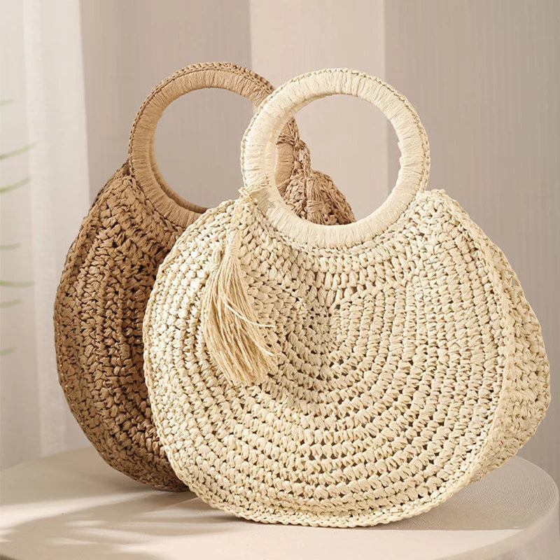 the WOVEN BAG - Straw Bag Rattan Woven Round Tassel Handbag for Women, Large Capacity Shoulder Tote Purse, Ladies Holiday Wood Handle Shopping Bag