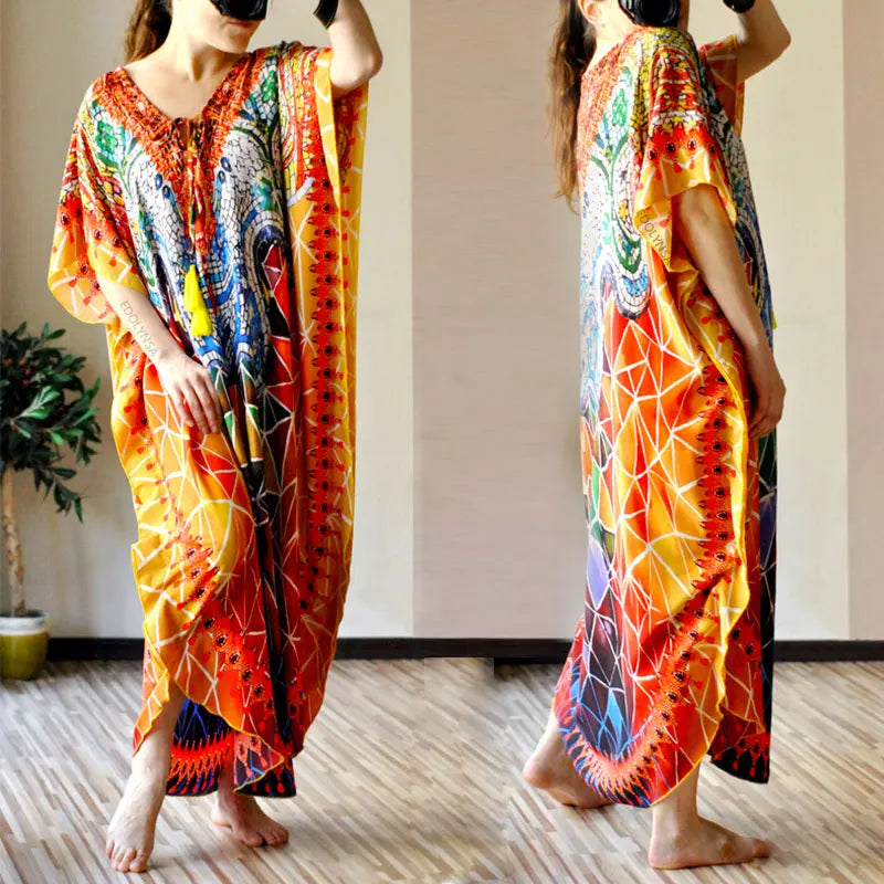 2023 Bohemian Printed V-neck Batwing Sleeve Long Loose Summer Dress For Women Clothes  Streetwear Moroccan Caftan Q831