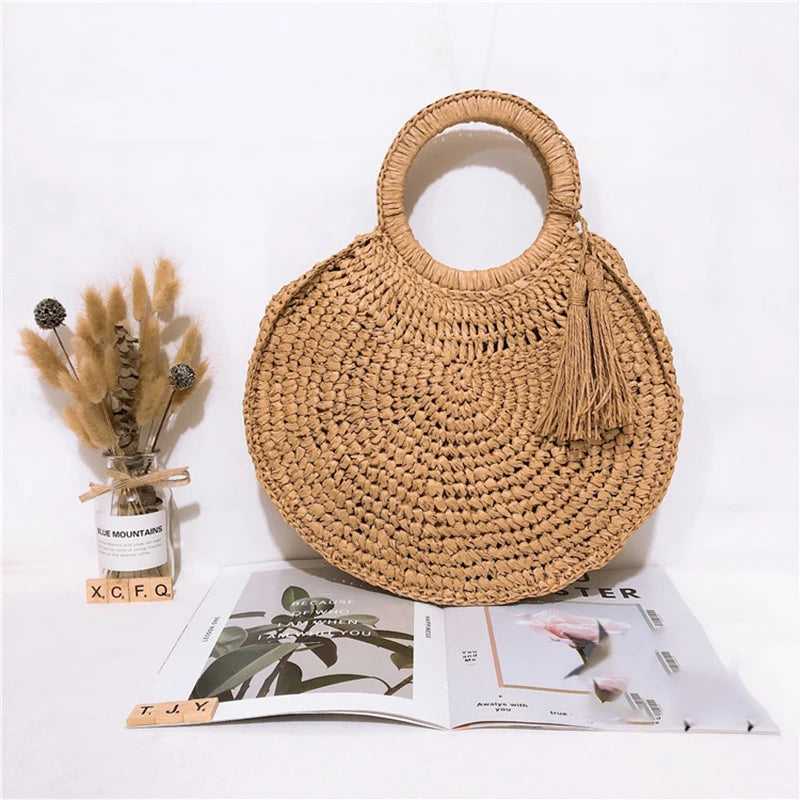 the WOVEN BAG - Straw Bag Rattan Woven Round Tassel Handbag for Women, Large Capacity Shoulder Tote Purse, Ladies Holiday Wood Handle Shopping Bag