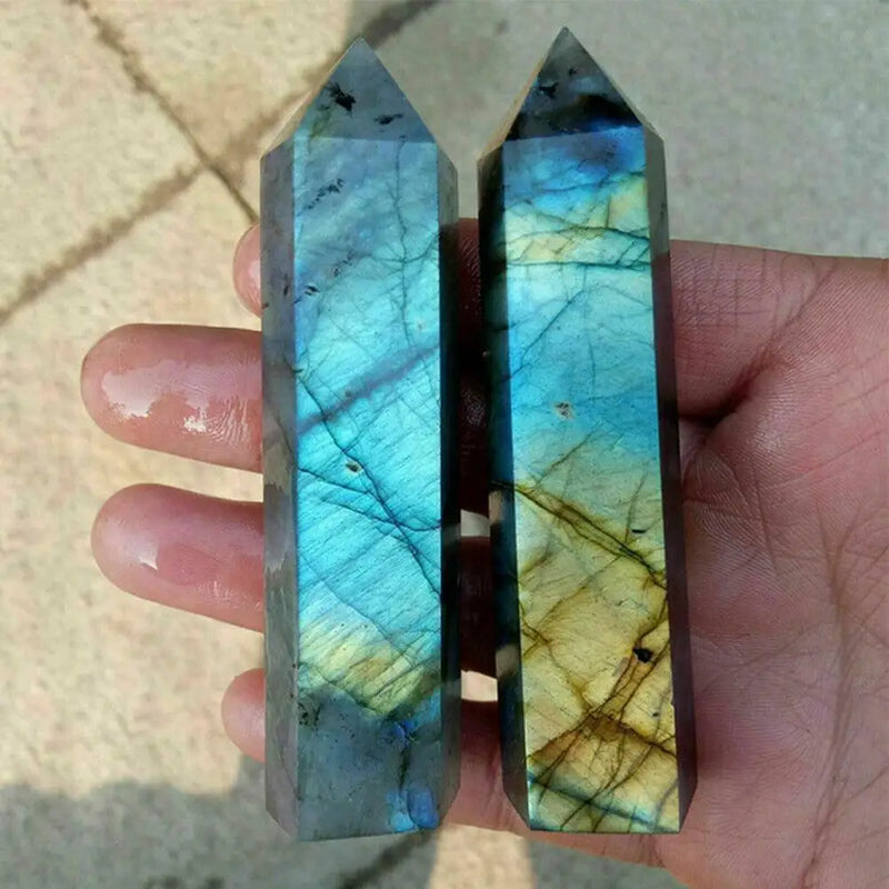 the OBELISK - Natural Labradorite Quartz Hexagonal Prisms Obelisk Crystal Column Wand Point Healing Treatment Stone Gifts