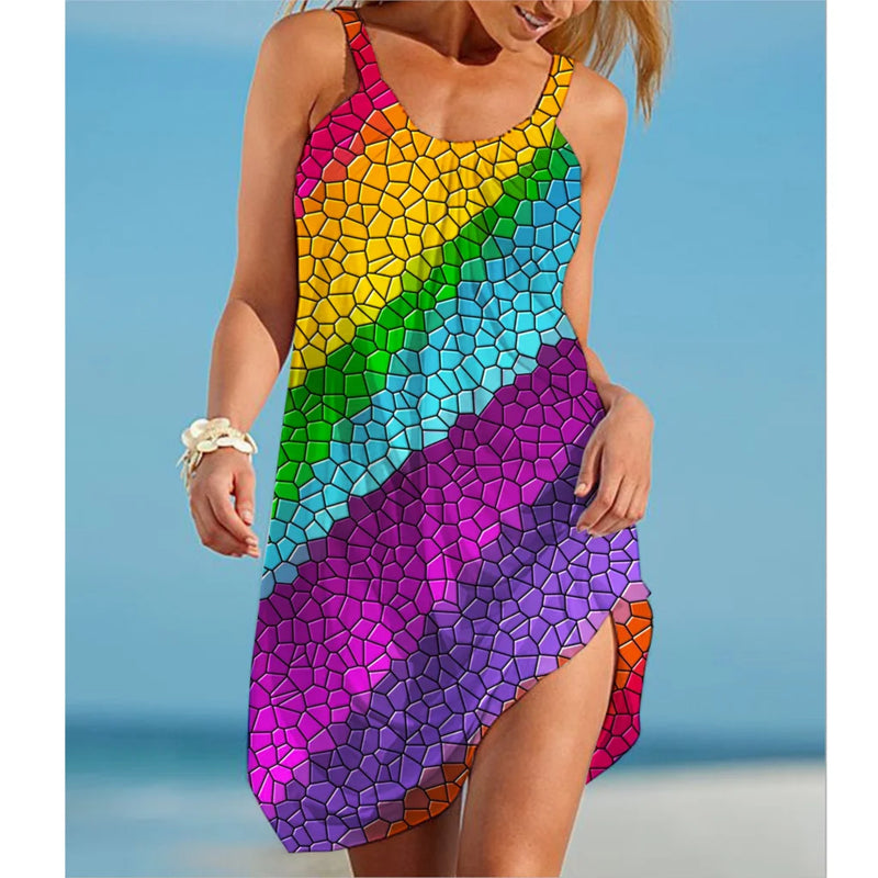 Rainbow Painting Print Women's Fashion Dress Midi Summer Sexy Beach Dress Bohemian Sleeveless Party Dresses Elegant Sundress Hem