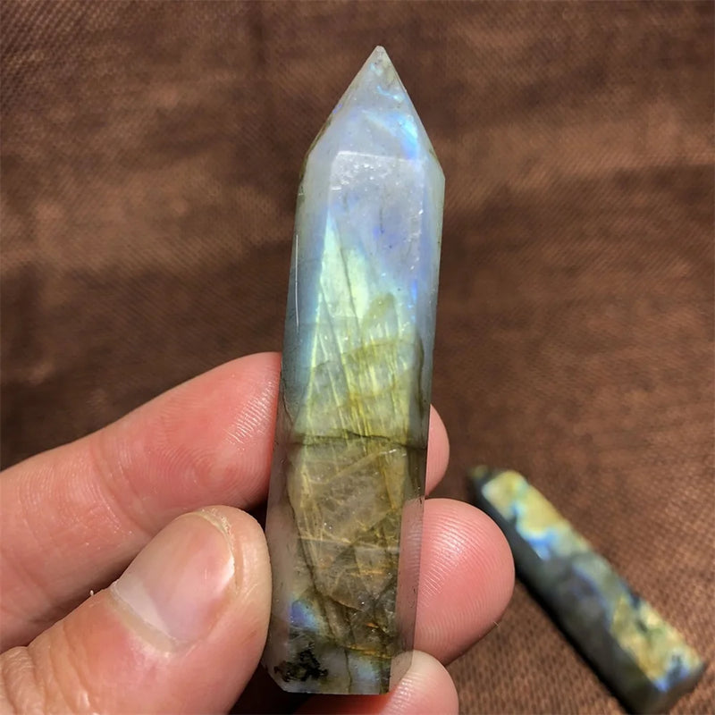 the OBELISK - Natural Labradorite Quartz Hexagonal Prisms Obelisk Crystal Column Wand Point Healing Treatment Stone Gifts