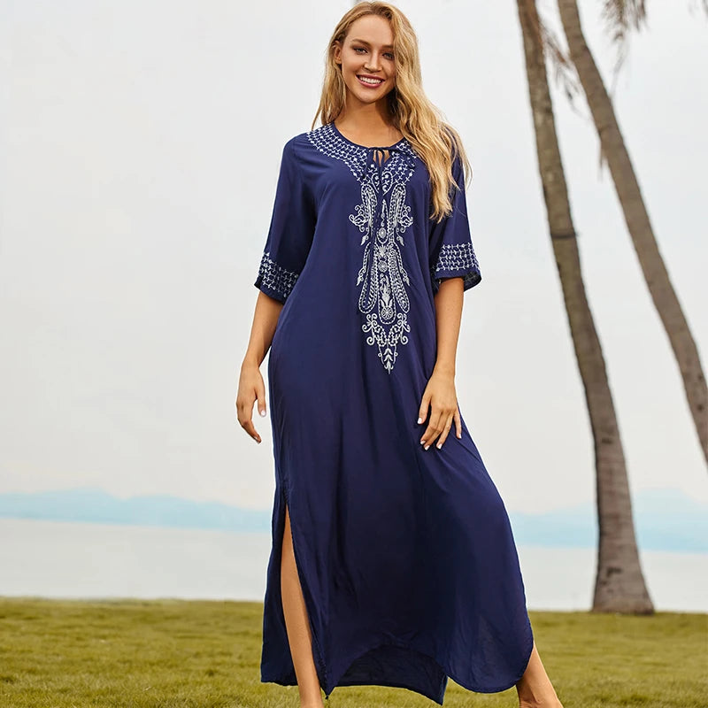 2023 Bohemian Printed V-neck Batwing Sleeve Long Loose Summer Dress For Women Clothes  Streetwear Moroccan Caftan Q831