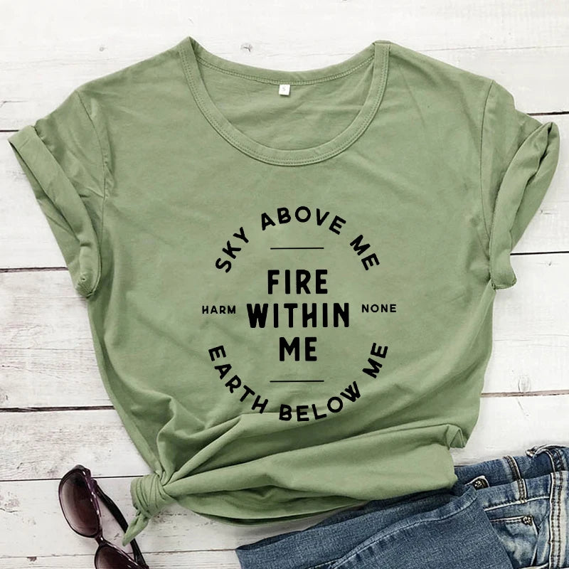 Sky Above Me Earth Below Me Fire Within Me Harm None T-shirt Women Goth Emo Spiritual Tees Tops Witch Craft Pagan Wiccan Tshirt