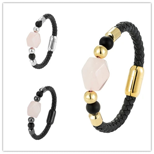 Geometric Natural Pink Crystal Energy Bracelet OL Style New Design 316L Stainless Steel Leather Rope Ladies Bracelet