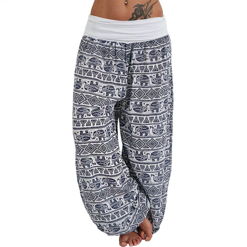 Women Boho Pants Elephant Print sport Low Waist Long Pants Loose Baggy Bloomer Trousers Long Pants Loose Baggy Bloomer Trousers