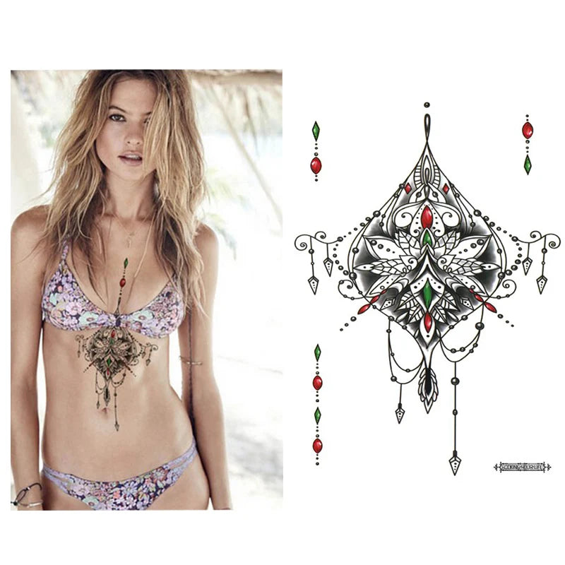 1 PIECE Under Boob Sternum Temporary Tattoo with Unalone, Spiritual Symbols,Loutus Pattern Body Art Sexy Waist Tattoo For Girl