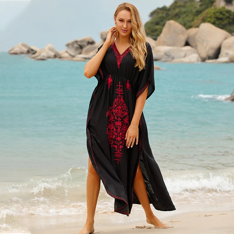 2023 Bohemian Printed V-neck Batwing Sleeve Long Loose Summer Dress For Women Clothes  Streetwear Moroccan Caftan Q831