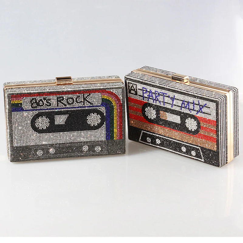 the MIX TAPE - Fashion Crystal Women's Luxury Rhinestone Wedding Clutch Bag, Cassette Tape Evening Bag, Party Money Purses, Handbags/Shoulder Bag