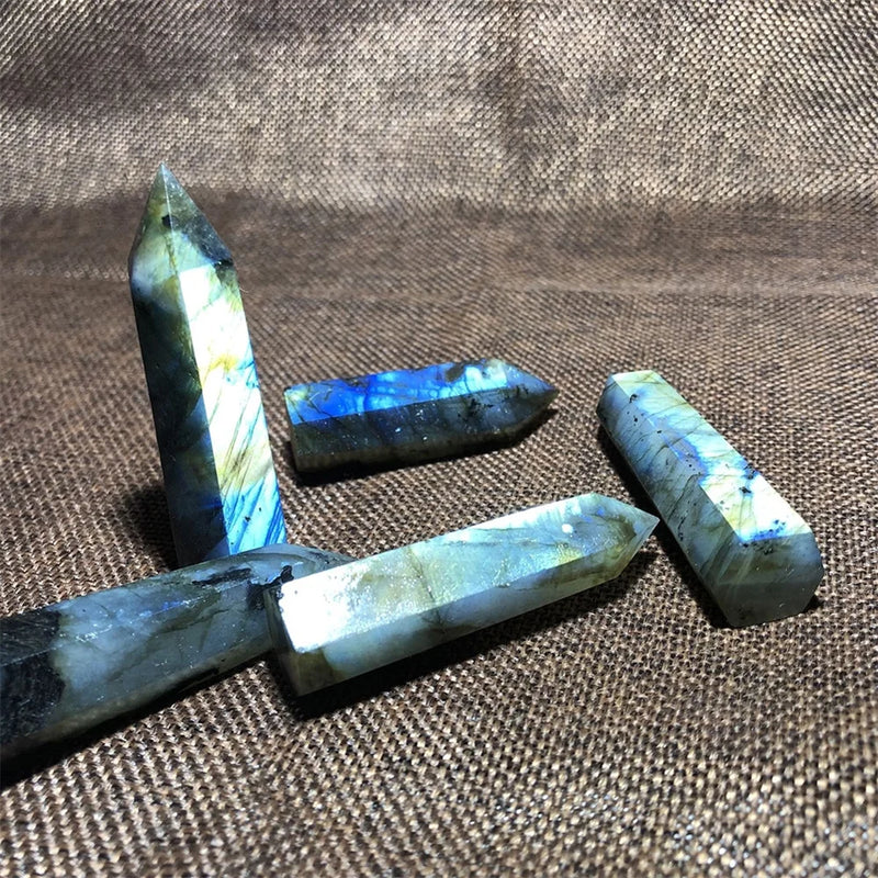 the OBELISK - Natural Labradorite Quartz Hexagonal Prisms Obelisk Crystal Column Wand Point Healing Treatment Stone Gifts