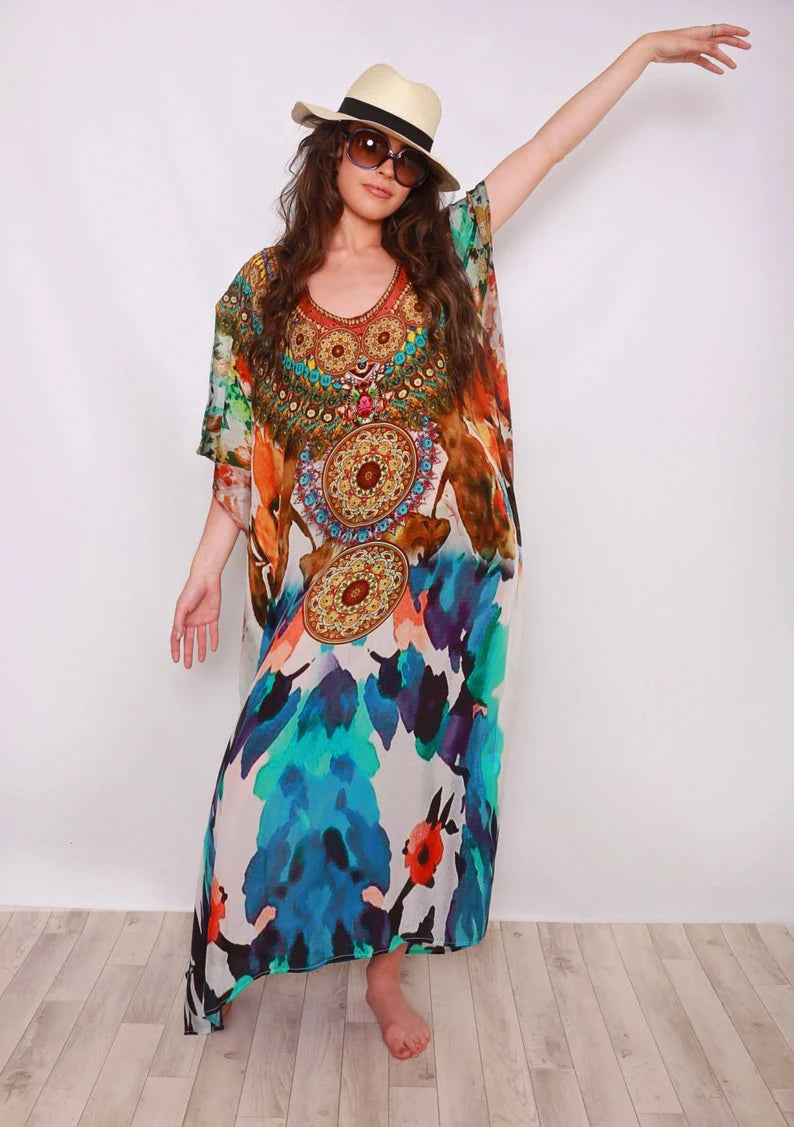 2023 Bohemian Printed V-neck Batwing Sleeve Long Loose Summer Dress For Women Clothes  Streetwear Moroccan Caftan Q831