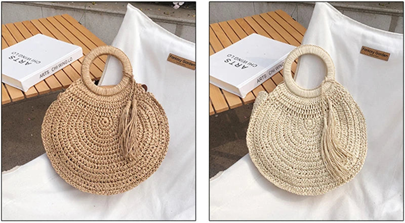 the WOVEN BAG - Straw Bag Rattan Woven Round Tassel Handbag for Women, Large Capacity Shoulder Tote Purse, Ladies Holiday Wood Handle Shopping Bag