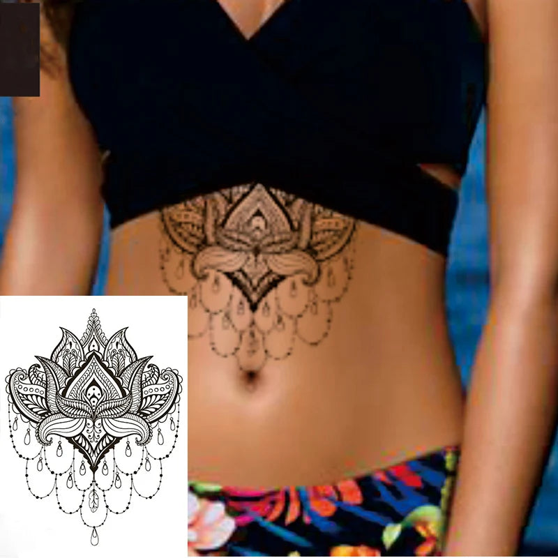 1 PIECE Under Boob Sternum Temporary Tattoo with Unalone, Spiritual Symbols,Loutus Pattern Body Art Sexy Waist Tattoo For Girl