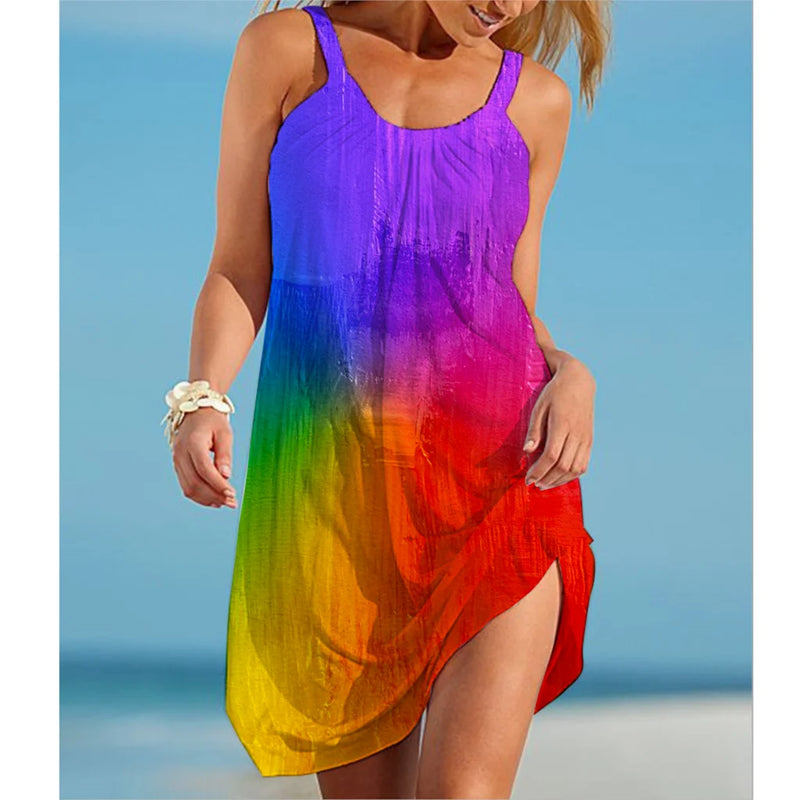 Rainbow Painting Print Women's Fashion Dress Midi Summer Sexy Beach Dress Bohemian Sleeveless Party Dresses Elegant Sundress Hem