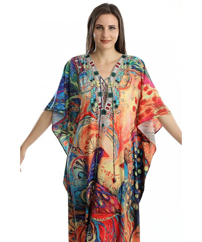 2023 Bohemian Printed V-neck Batwing Sleeve Long Loose Summer Dress For Women Clothes  Streetwear Moroccan Caftan Q831